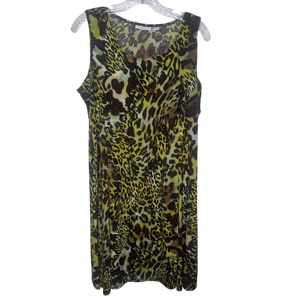 Susan Graver Womens Lime Green Animal Print Sleeveless Shift Dress Medium